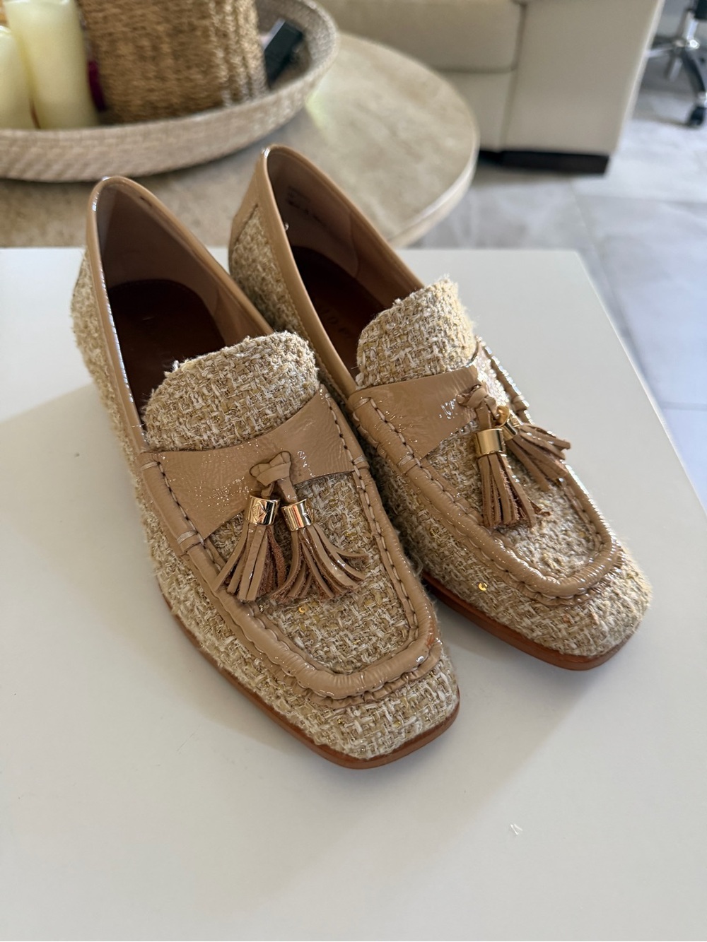 Donald J. Pliner Beige Tweed Tassel Mules
